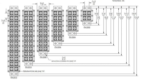 8 Circuit Terminal Block For Marine Use 30 Amp 600V AC DC Closed Back Design Keeps Power Isolated From Mounting Surface technical drawing