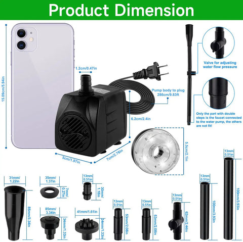 Product dimensions showing Submersible Pond Fountain Pump With Lit LED Lights, 15W 800 Liters Per Hour Flow, with components.