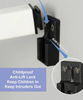 Top Shelf Two Section Window Security Bar With Child Proof Anti Lift Lock close-up of anti-lift lock component used for safety.