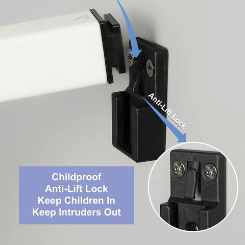 Top Shelf Two Section Window Security Bar With Child Proof Anti Lift Lock close-up of anti-lift lock component used for safety.