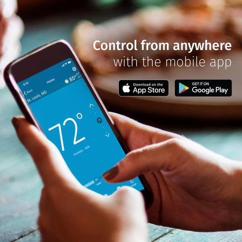 Hands holding smartphone controlling Sensi WiFi Smart Thermostat Pro Version For Smart Home That Plays Nice With Alexa Energy Star Certified Geofencing 7 Day Scheduling Remote Access And Quick Easy Install In 30 Minutes app.