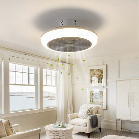 18 Inch Caged Ceiling Fan With Light Kit Low Profile Flush Mount in a modern living room, showcasing bright light and sleek design.