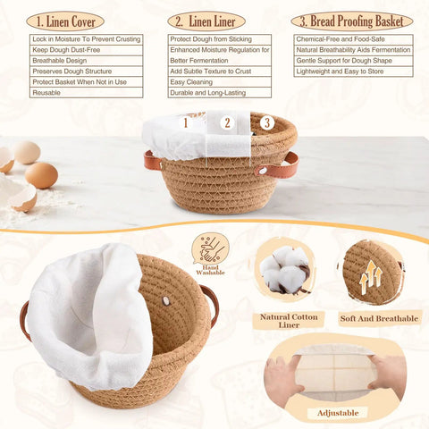 Ultimate Sourdough Starter Kit For Home Bakers with round proofing basket and linen cover on a kitchen table