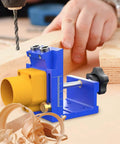 Pro Grade Pocket Hole Jig Kit With Angled Drill Guide And Dust Collection For Cabinet Installations Deck Building Desk Assembly And DIY Hobby Projects in use.