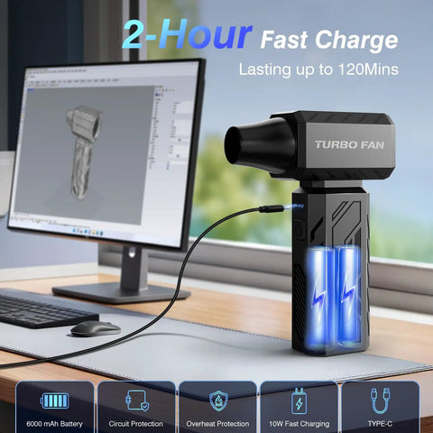 Beast Mode Cordless Air Blower With Brushless Motor Ultra Powerful 390000RPM Duster on desk with USB-C charging cable.