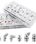 Grease Fittings Kit, 240-Piece SAE And Metric Zerk Fittings Set with variety of straight, 45° and 90° zinc plated steel fittings