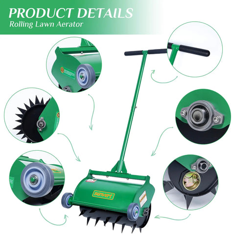 Product details of Rolling Lawn Aerator For Easy Lawn Care, Heavy Duty Push Spike Aerator Up To 55 Lbs, showing parts and details