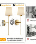 Premium Gold Wall Sconces Set Of 2 showing installation methods for wireless setup, highlighting easy setup for any room.