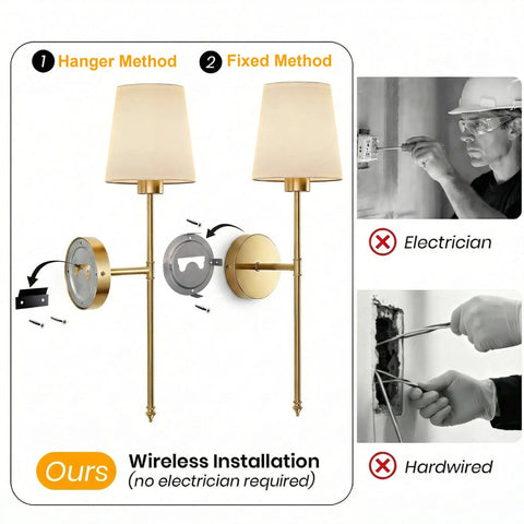 Premium Gold Wall Sconces Set Of 2 showing installation methods for wireless setup, highlighting easy setup for any room.
