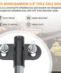 Beefed Up Heavy Duty Wheelbarrow Axle Bracket Set Includes Ten Inch Axle Shaft Five Eighth Inch Hole Two Brackets Nylon Spacers and Bolts Nuts for Rugged Yard and Farm Use shown with universal fit features and installation benefits