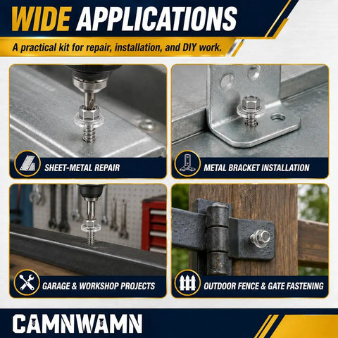 1200-Piece Heavy-Duty Workhorse, Self-Drilling Screws Assortment Kit, 410 Stainless Steel Hex Washer Head With Rubber Washers For Metal Wood Plastic Projects, Size 8 Through 14, Silver Finish in various applications like sheet-metal repair and garage projects.