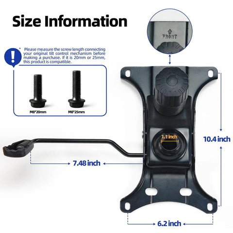 Beefy Heavy Duty Office Chair Tilt Control Mechanism Replacement for Executive and Gaming Chairs, 500 lb Capacity, measurements shown