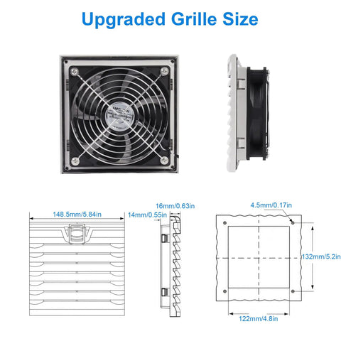 150X150Mm Cabinet Ventilator Kit With 120X25Mm Cooling Fan And Variable Speed Control showcasing upgraded grille size and dimensions.