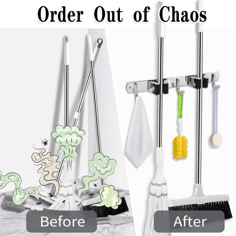 Two Racks And Three Hooks Broom And Mop Holder Wall Mounted Garage Organizer showing before and after organization