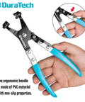 Hose Clamp Pliers With Swivel Flat Band For Automotive Repair Multi Angle Flexible Jaws With Rotating Tip, held in hand