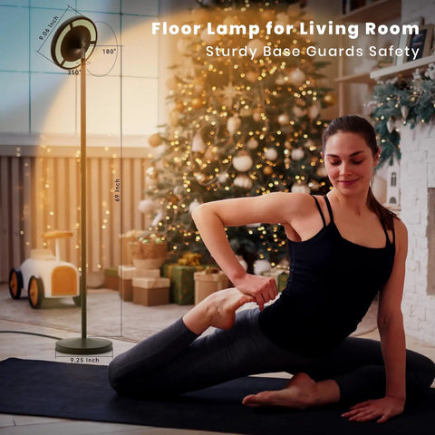Yoga session by Christmas tree with Dope Rgb Floor Lamp With Double Side Lighting, Smart App Control, Multicolor Dimmable Led Standing Lamp For Living Room, Bedroom, Gaming Room And Office, 24W 2600Lm in background