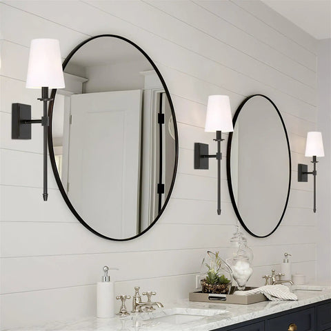 Dope Mid Century Modern Wall Sconce 20 Inch Tall With Oil Rubbed Bronze Finish And White Linen Shade Candle Style Wall Light For Bathroom Or Powder Room Accent Lighting beside round mirrors