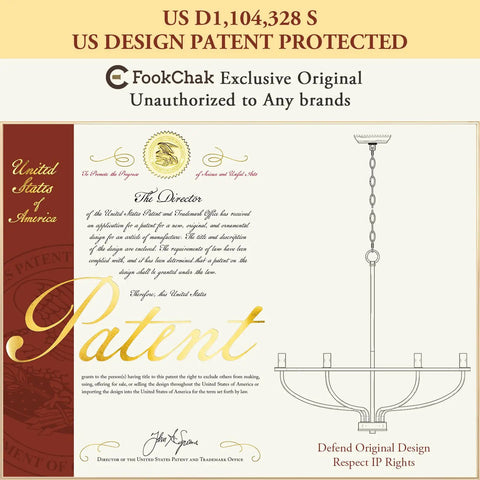 Patent design certificate for Dope Black 6 Light Farmhouse Chandelier with E12 Sockets by FookChak.