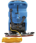 Back view of Boss Level Clean Electric Walk Behind Floor Scrubber For Commercial Cleaning, with power cord and squeegee.
