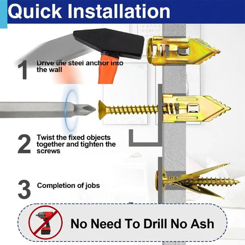Self Drilling Drywall Screws Kit Durable Steel Mounting Set With 420 Pieces For No Drill Install On Wood Metal And Synthetic Boards Perfect For Diy And Pro Projects. quick installation guide with steel anchor, screw, and wall mounting steps