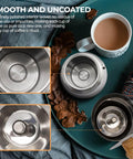 Top view of 12 Cup Moka Pot Stainless Steel Coffee Maker Stovetop Espresso Coffeemaker 304 Grade Uncoated Finish next to coffee cup.