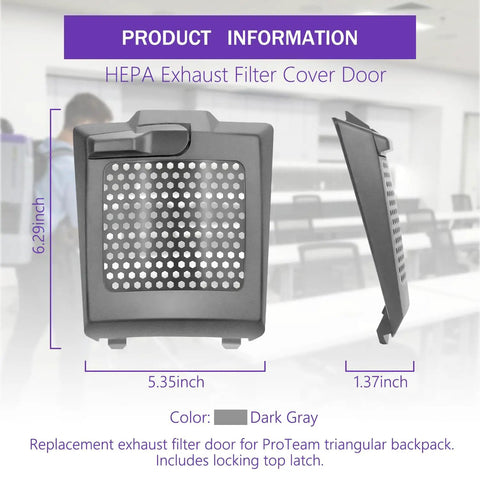 Front and side view of HEPA Filter Cover Exhaust Door Replacement For ProTeam Backpack Vacuums 107303 107310 107363 ProVac Super Coach Pro 10 Pro 6 Replaces 833954 841708 Now
