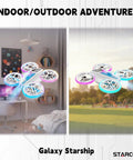 Kid Friendly Dual Module Lighting Drone With Triple Battery Pack shown flying indoors and outdoors.