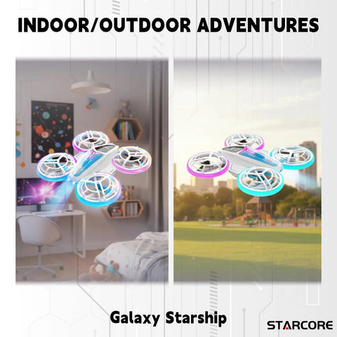 Kid Friendly Dual Module Lighting Drone With Triple Battery Pack shown flying indoors and outdoors.