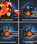 Nitro 20V 12-Inch Cordless Brushless Chainsaw with tool-free chain tensioning and quick-stop chain brake features displayed