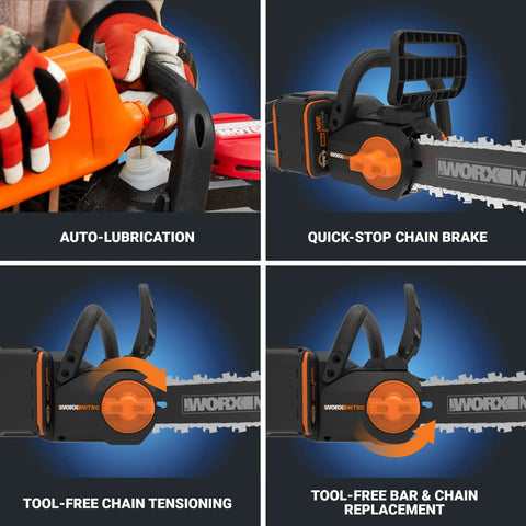 Nitro 20V 12-Inch Cordless Brushless Chainsaw with tool-free chain tensioning and quick-stop chain brake features displayed