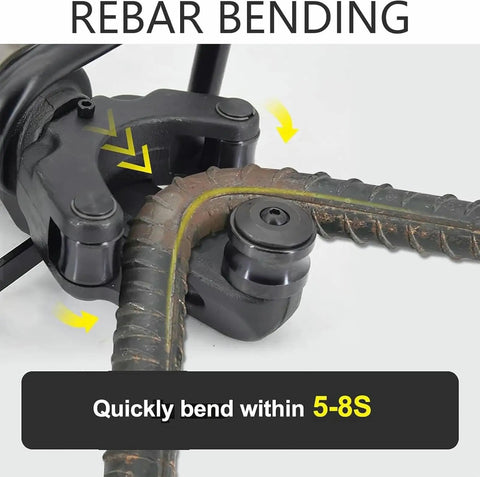 Close-up of MXJCKSOQ Electric Hydraulic Rebar Bender Tool 1800W bending steel rebar efficiently, suitable for construction projects.