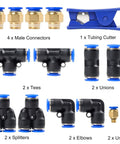 4 male connectors, 2 tees, 2 unions, 2 splitters, 2 elbows, and a tubing cutter for Top Shelf Clear Blue Polyurethane Air Hose Tube 6Mm OD Kink Free Flexible Industrial Grade Tubing 32.8 Feet Long Rock Solid High PSI Performance For Garage And Shop Jobs.