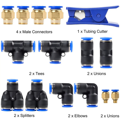 4 male connectors, 2 tees, 2 unions, 2 splitters, 2 elbows, and a tubing cutter for Top Shelf Clear Blue Polyurethane Air Hose Tube 6Mm OD Kink Free Flexible Industrial Grade Tubing 32.8 Feet Long Rock Solid High PSI Performance For Garage And Shop Jobs.