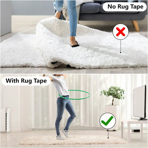 Comparison showing rug lifting without tape vs. flat with 25 Pieces Non Slip Rug Tape Set With Triangular Grippers for Hardwood Floors.
