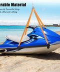 Heavy Duty Watercraft Lift Sling for Material Handling With Thickened Marine-Grade Polyester Strap And Reinforced Steel Bracket Ensures Secure Lifting For Jet Skis And Small Boats Up To 1500lb Capacity lifting a blue jet ski on the beach.