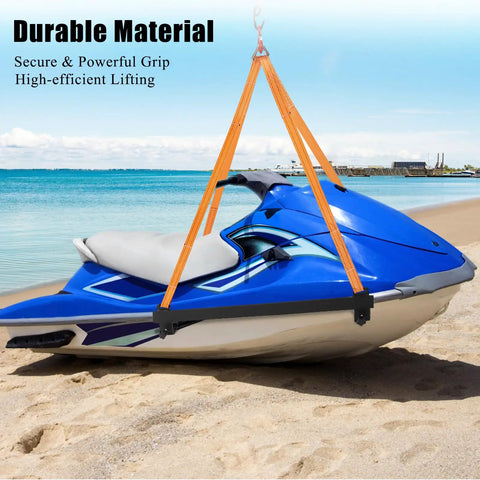 Heavy Duty Watercraft Lift Sling for Material Handling With Thickened Marine-Grade Polyester Strap And Reinforced Steel Bracket Ensures Secure Lifting For Jet Skis And Small Boats Up To 1500lb Capacity lifting a blue jet ski on the beach.