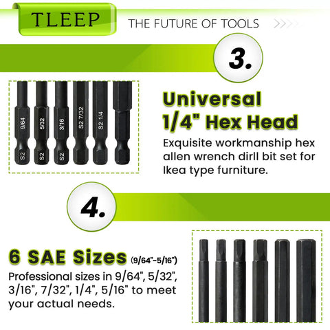 Heavy Duty Long Hex Shank Allen Wrench Drill Bit Set With Magnetic Tips, SAE 9/64 5/32 3/16 7/32 1/4 5/16, 6 Inch Length