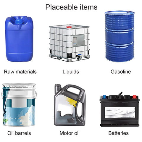 Heavy-Duty Drum Spill Pallet With Drain And Detachable Steel Deck For Oil Drums, image showing placeable items like barrels, cans.