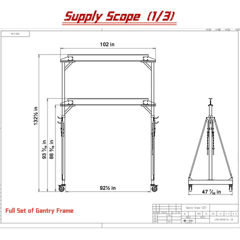Technical drawing of All In One Heavy Duty Gantry Crane Kit For Shop Or Garage, 4000 Lb Rating, dimensions included