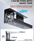 Diagram of No Drill Under Desk Cable Tray installed with nano tape, showing dimensions and larger space details, black, top view.