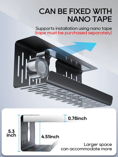 Diagram of No Drill Under Desk Cable Tray installed with nano tape, showing dimensions and larger space details, black, top view.
