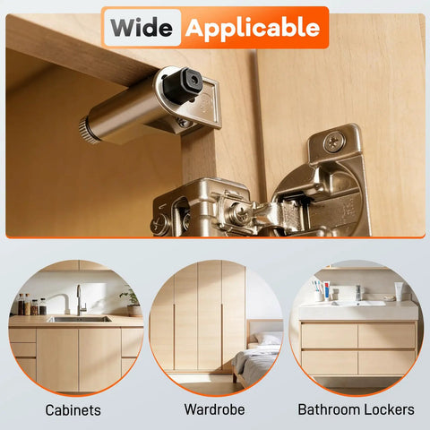 Close-up of the 15 Piece Soft Close Damper Set For Cabinet Doors And Wardrobes with heavy-duty silicone cushion mounted on cabinet hinge.
