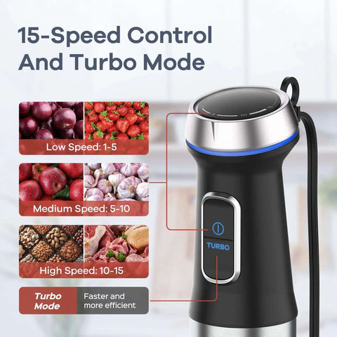 Powerful 1000W 5 In 1 Immersion Blender With 16 Speed Settings Stainless Steel Blades turbo mode control display