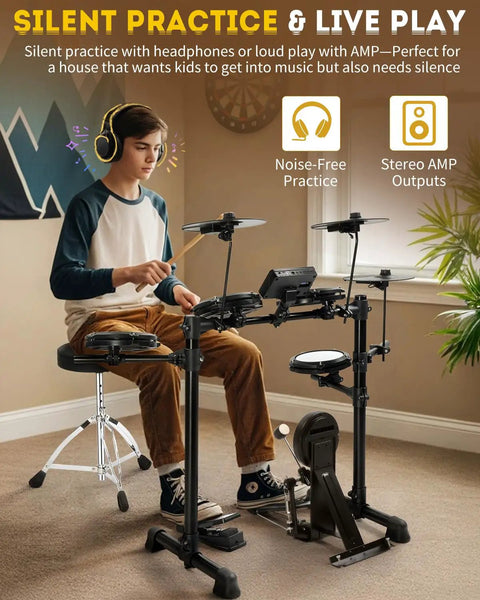 Teen playing Electronic Drum Set With USB MIDI, Type-C Charging, Built-In Metronome, in room, showing silent practice feature.