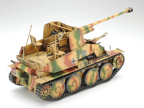 Marder III German Tank Destroyer Model Kit One Thirty Fifth Scale Plastic Assembly Required Glue And Paint Sold Separately Ideal For WWII Military Vehicle Model Builders, showing detailed camo design.