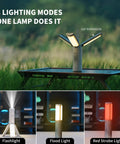 Foldable Rechargeable Camping Light With Stand And Detachable Tripod showing 3 lighting modes on grass