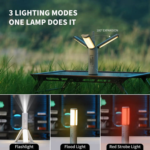 Foldable Rechargeable Camping Light With Stand And Detachable Tripod showing 3 lighting modes on grass