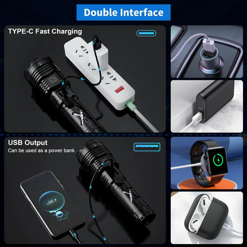 Crazy Bright Rechargeable LED Flashlight With Up To 100000 Lumens Zoomable Beam Six Light Modes 24 Hour Battery Life IP67, showing USB-C fast charging and power bank use.