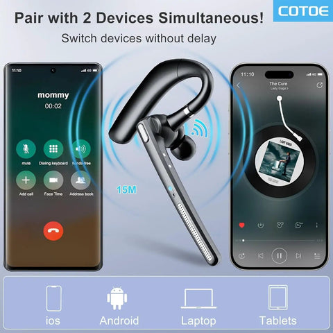 All Day Wireless Bluetooth Headset With 72 Hour Talk Time And 500mAh Case, V5.3 Noise Cancelling Mic shown pairing with devices