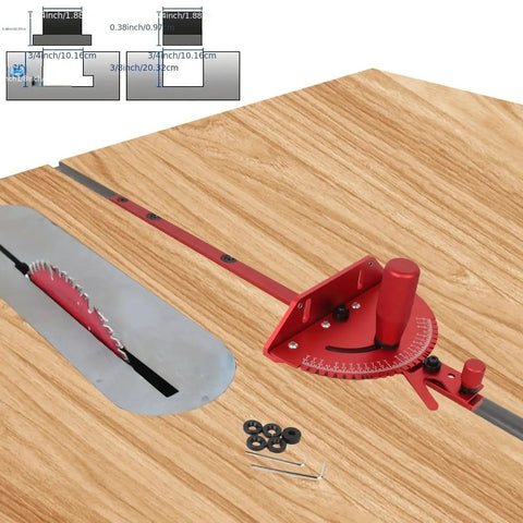 No Sweat Precision Miter Gauge And 400mm Aluminum Fence For Table Saw and Router Tables With Track Stops and Adjustable Angle Ruler displayed on wood surface.